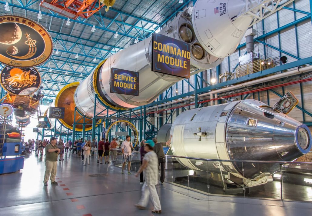 The first stage engines of the Saturn 5 rocket which is exhibited at the visitor complex of Kennedy Space Center, United States