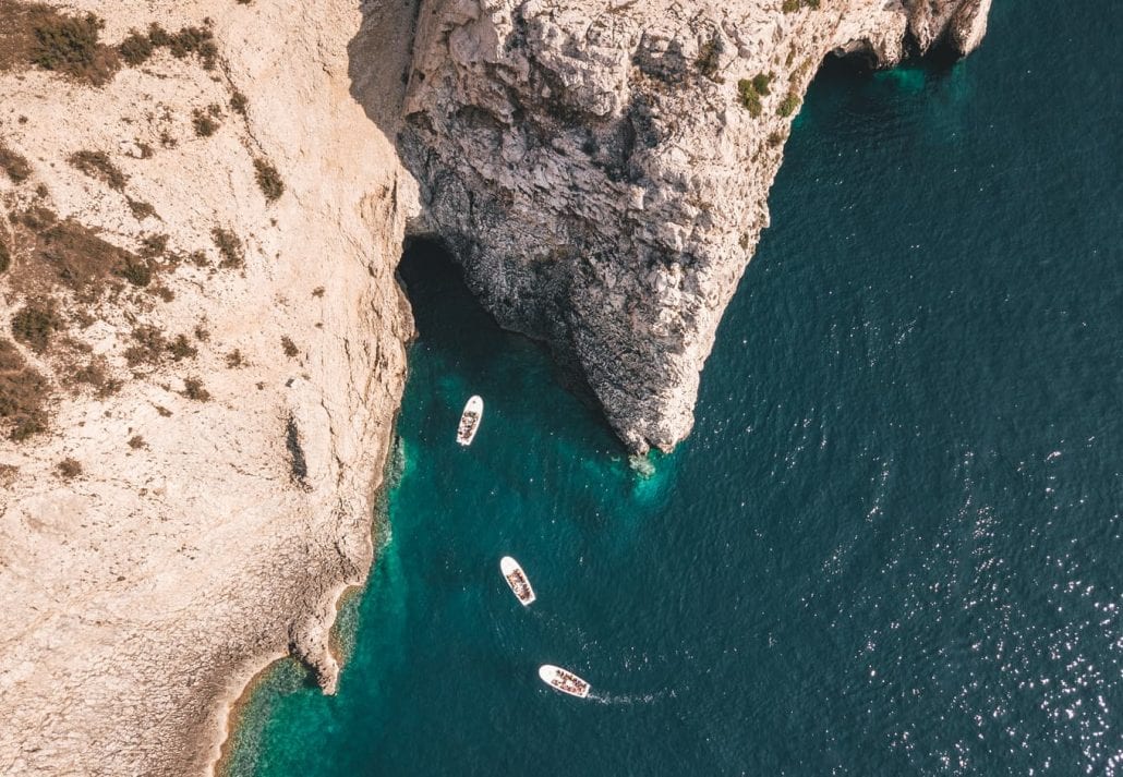 Aerial view of the Blue Cave entrance on the island of Biševo, Croatia