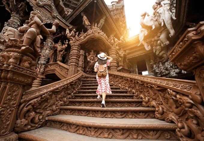 Tourist is traveling inside Sanctuary of truth in Pattaya, Thailand.