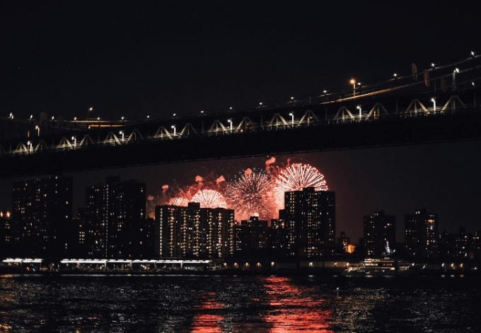 4th July fireworks over the Brooklyn Bridge, New York.