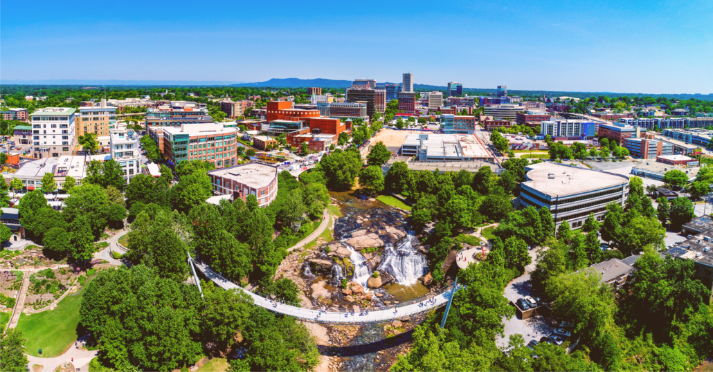 View of the buildings and trees on Downtown Greenville, South Carolina.