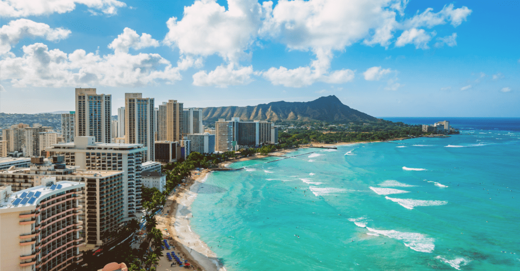 Aerial view of the Waikiki Beach, Honolulu, during the day. 