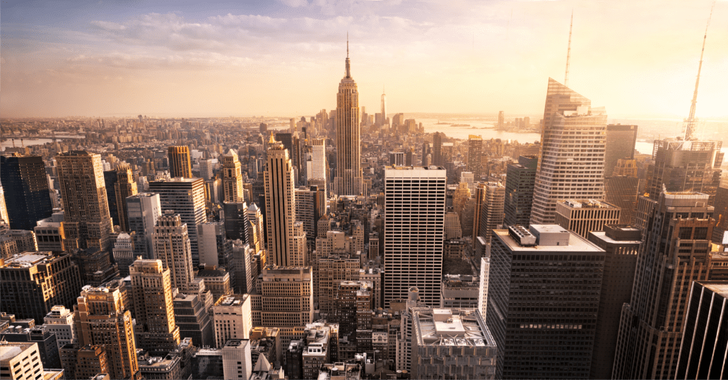 Top view of New York City featuring the city's iconic buildings, like the Empire State.