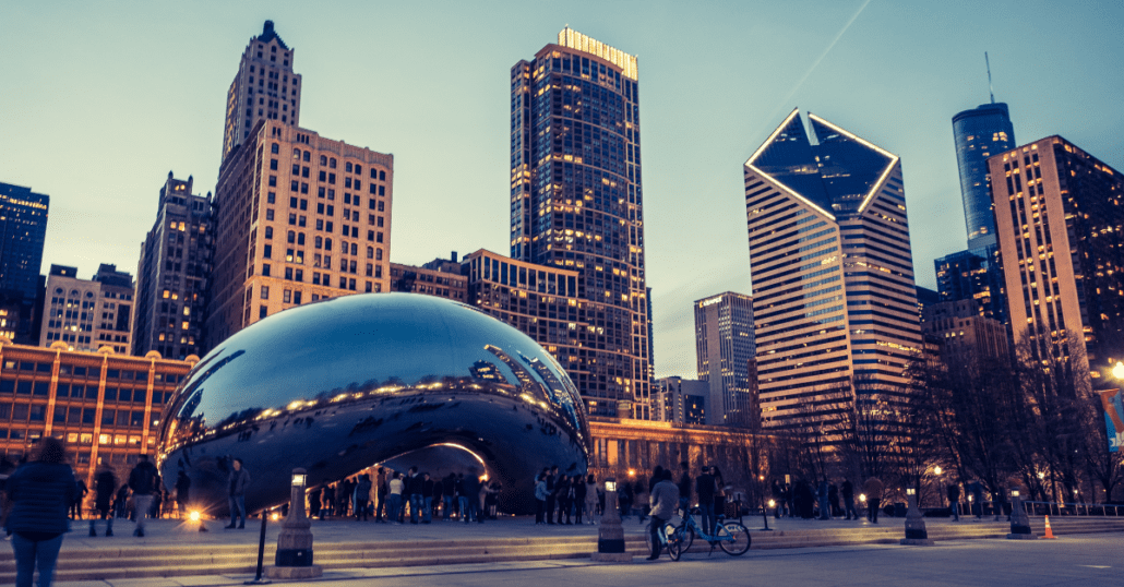 The Cloud Gate sculpture by Anish Kapoor placed at the AT&T Plaza at the Millennium Park in Chicago, Illinois. 