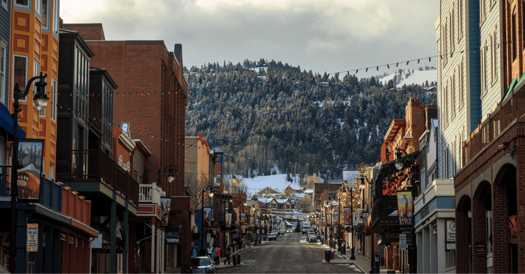 The Historic Main Street of Park City, Utah, on a cloudy winter day.