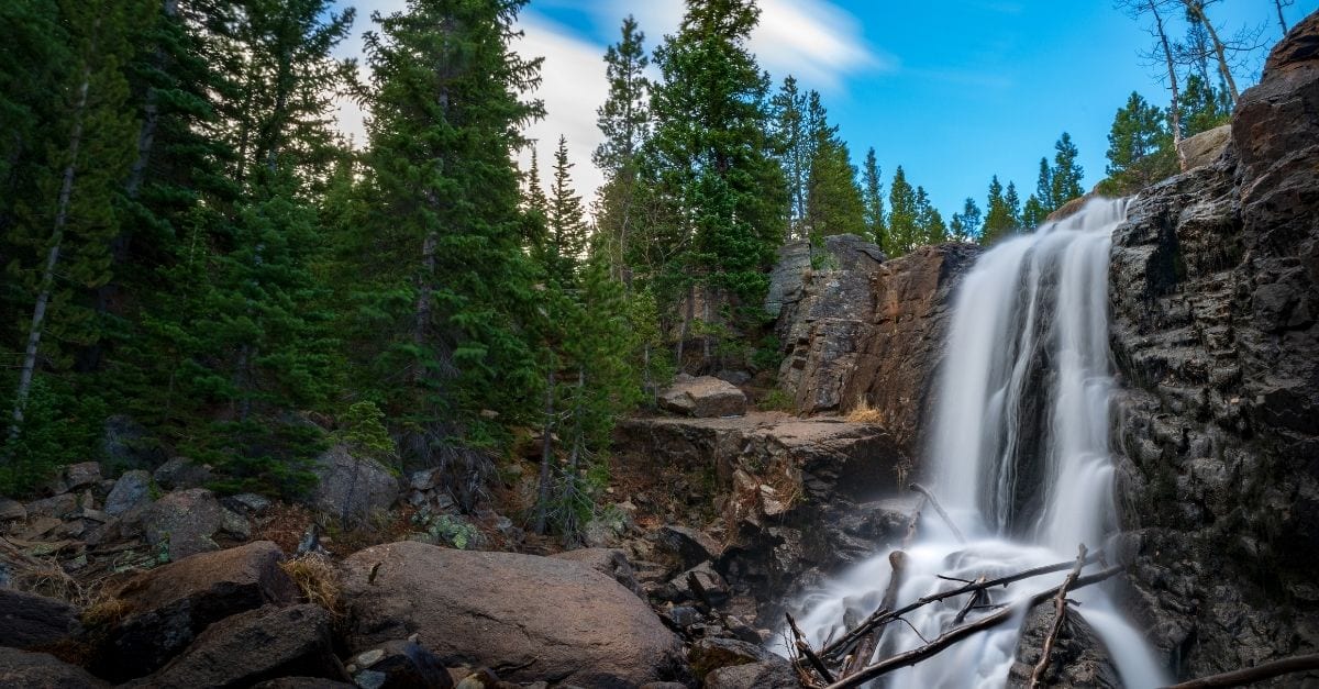 View of the Alberta Falls, a waterfall located in the Rocky Mountain National Park, USA.