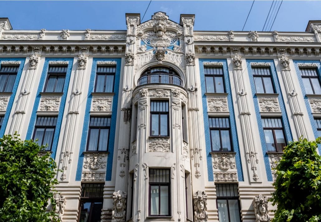 Facade of art nouveau building in the Alberta Street in Riga, Latvia