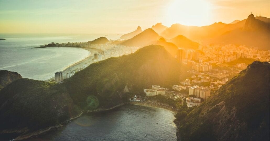 Aerial view of the Baia de Guanabara, in Rio de Janeiro, during the sunset.