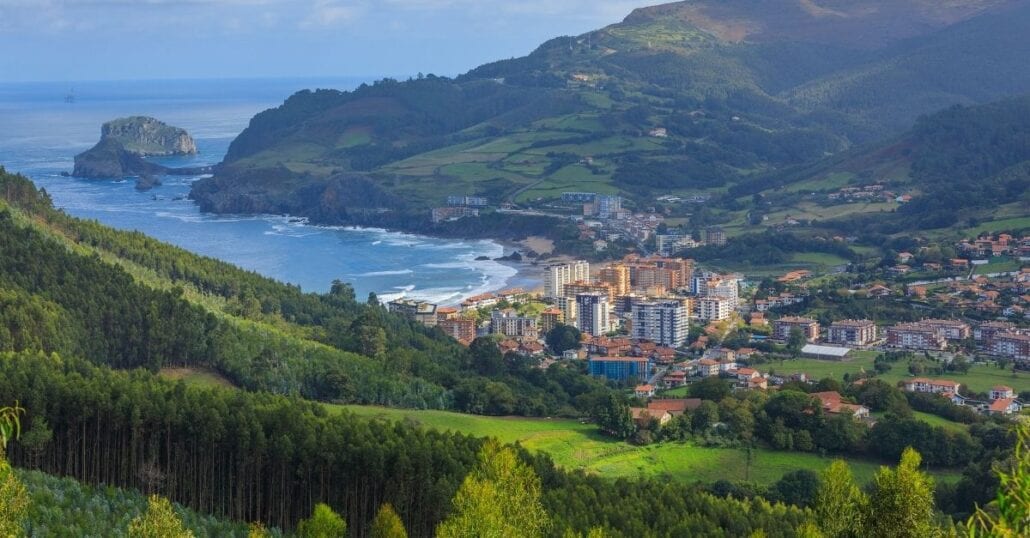 Aerial view of Basque Country's mountainous landscape.