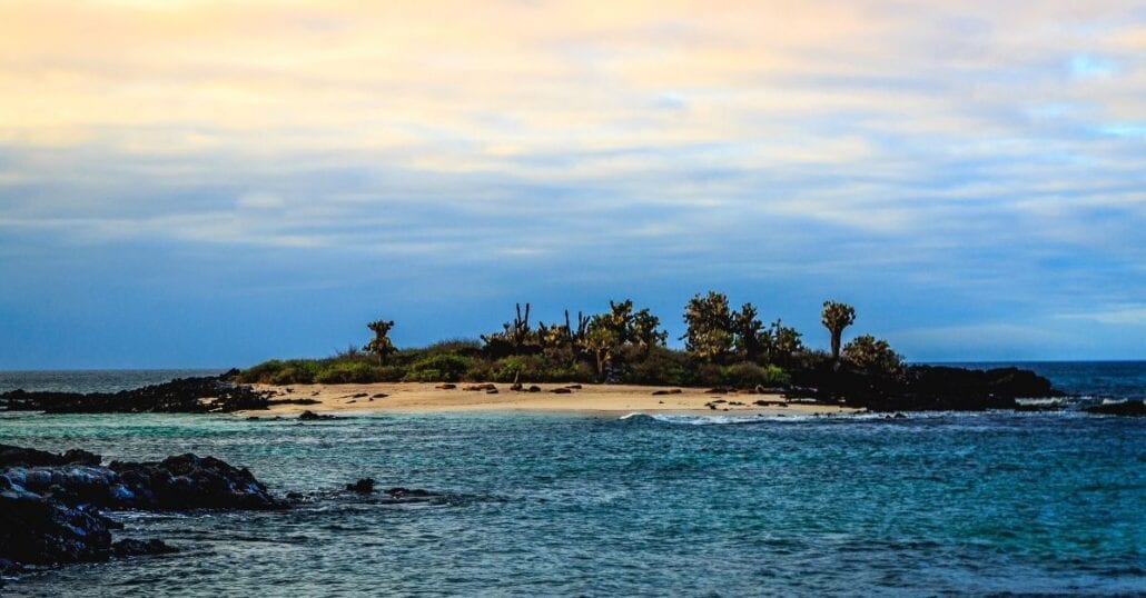 The Galápagos Island surrounded by the ocean.