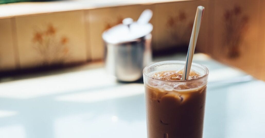 A glass of Yuenyeung, a traditional Hong Kong drink made with coffee and tea.