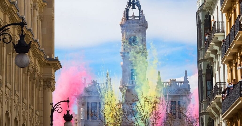 The city of Valencia during the celebration of "Falles", a traditional festival.