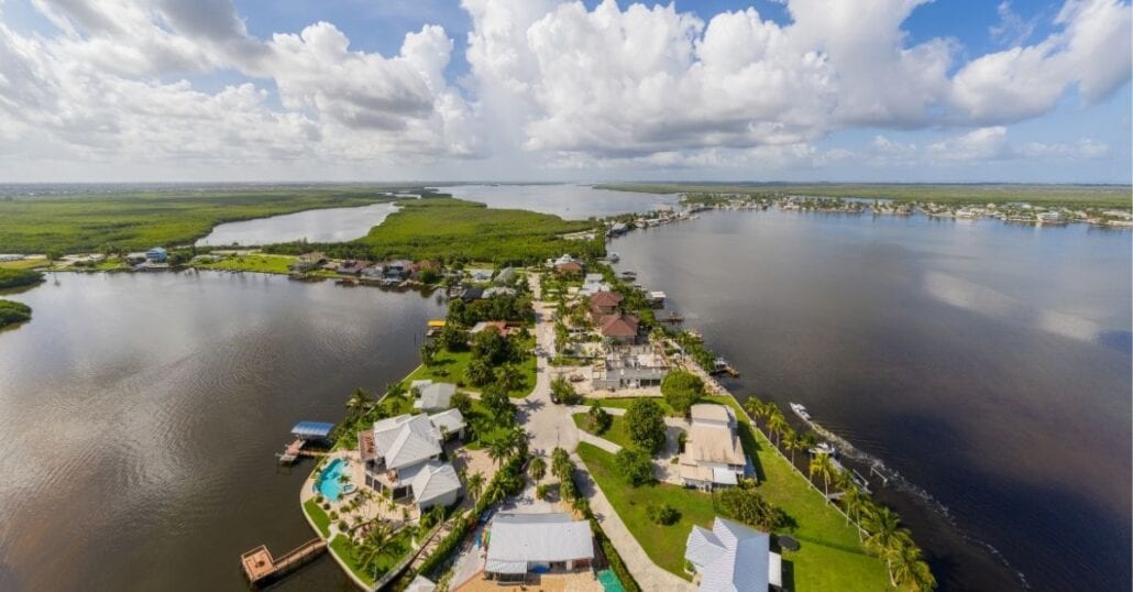 Aerial shot of the island community of Matlacha, Florida, during a sunna day.