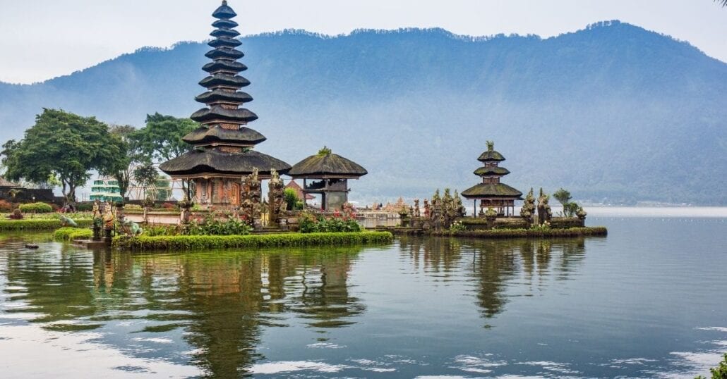 View of the Pura Ulun Danu Bratan Temple, also known as The Floating Temple, in Bali.