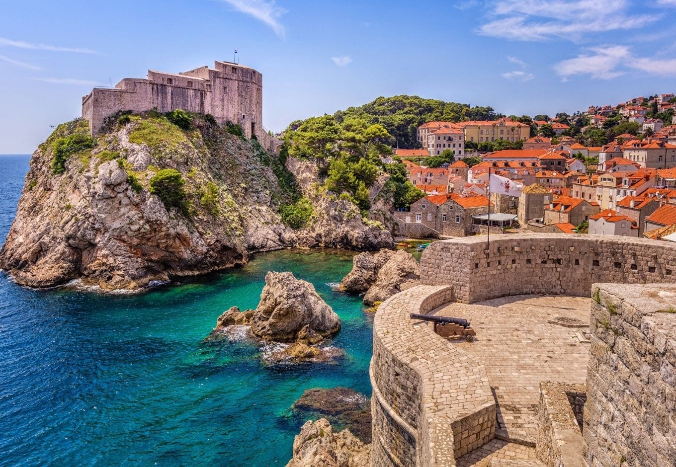 Overlooking the city of Dubrovnik, Croatia, with views of the Adriatic Sea, Fort Lovrijenac and the Old Town.