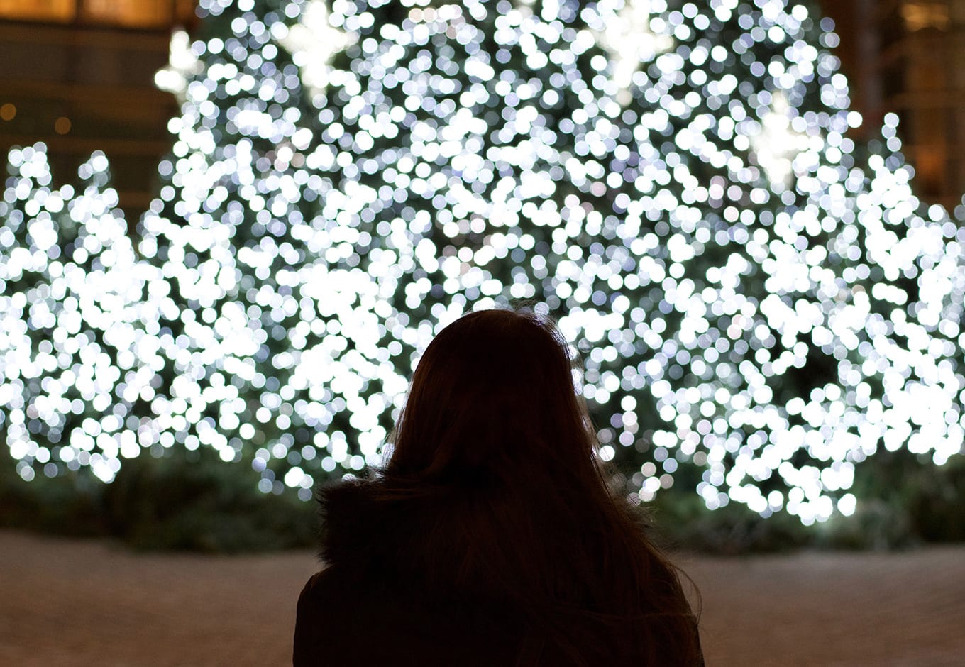 Girl looking at Christmas lights displays in New York