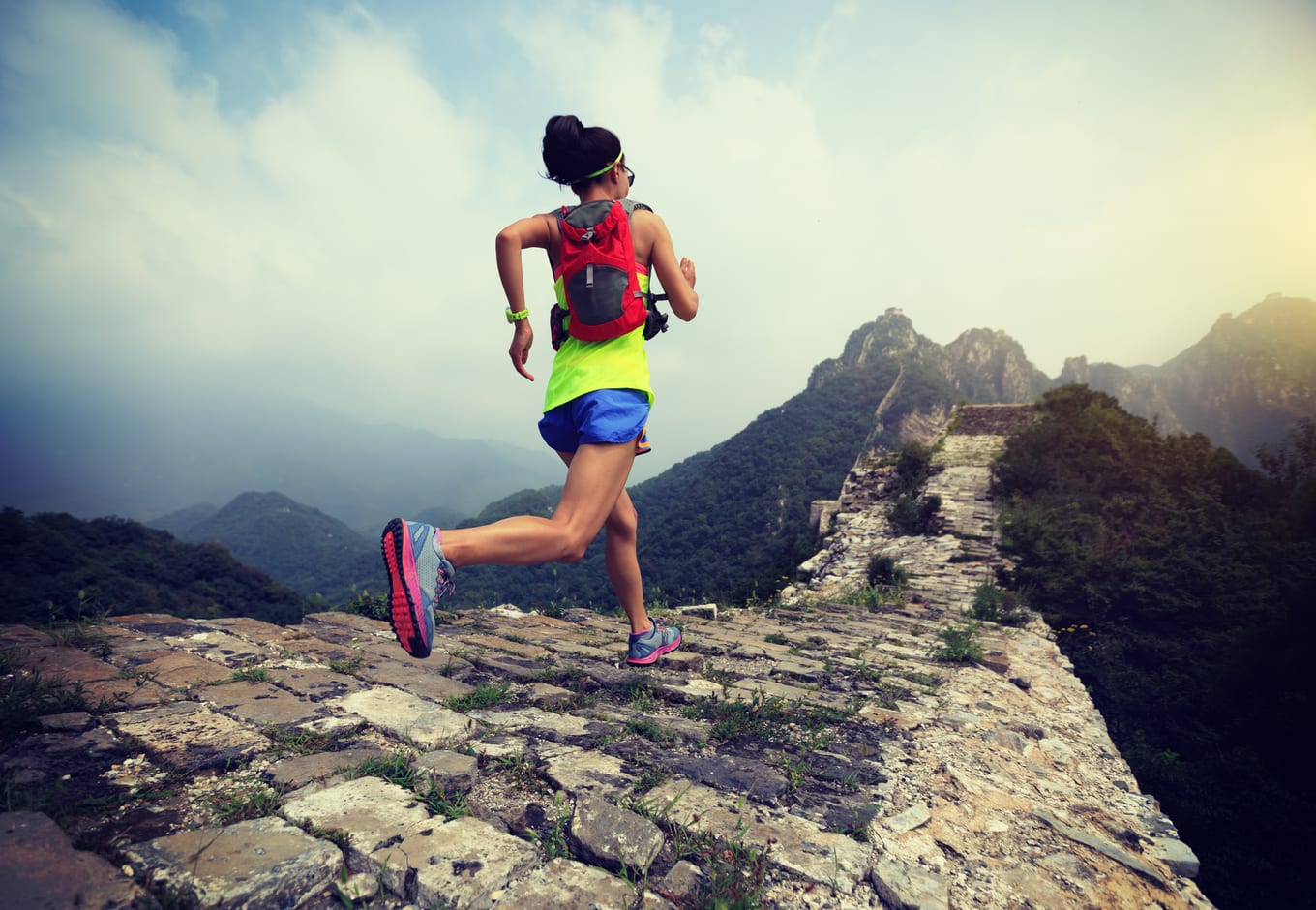 Woman running the Great Wall Marathon, in China.