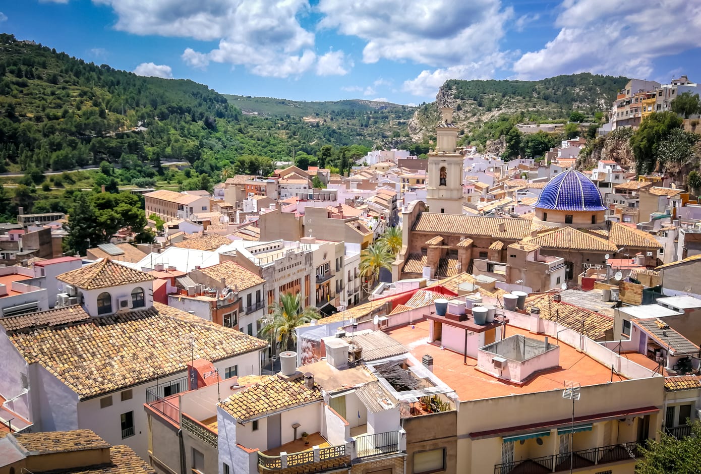 Aerial view of the historic center of Buñol, in Valencia, Spain