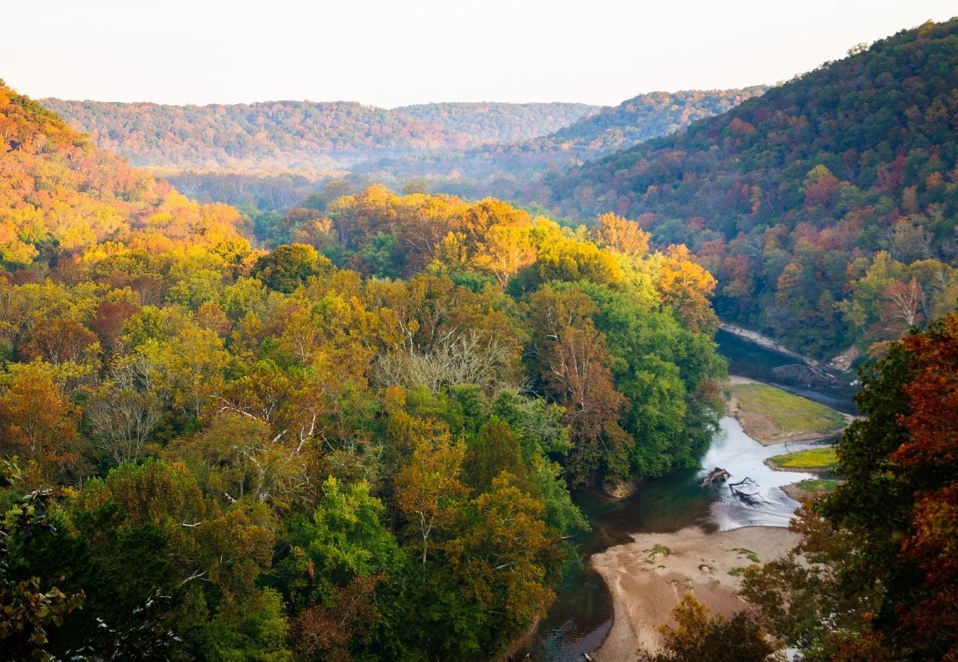 Aerial view of the orange and yellow fall trees at the Mammoth Cave National Park.