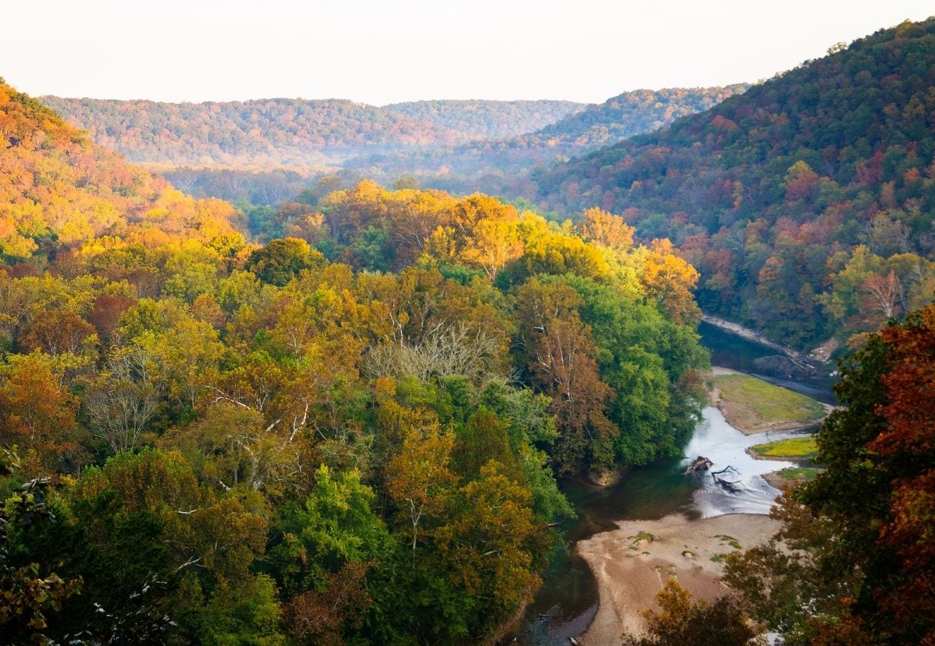 Aerial view of the  orange and yellow fall trees at the Mammoth Cave National Park.