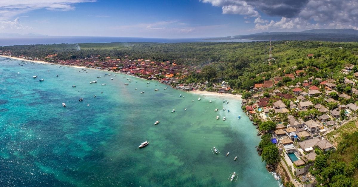 Aerial view of the turquoise ocean of Nusa Lembongan, in Bali.