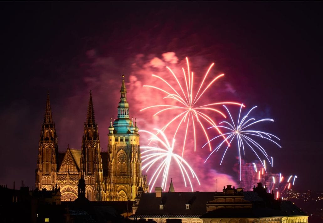 New Year in Prague city next to Prague Castle, St. Vitus Cathedral.