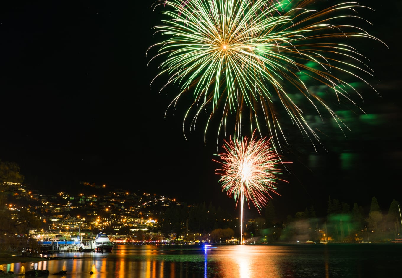 Firworks over the Lake Wakapitu, in Queenstown, New Zealand.