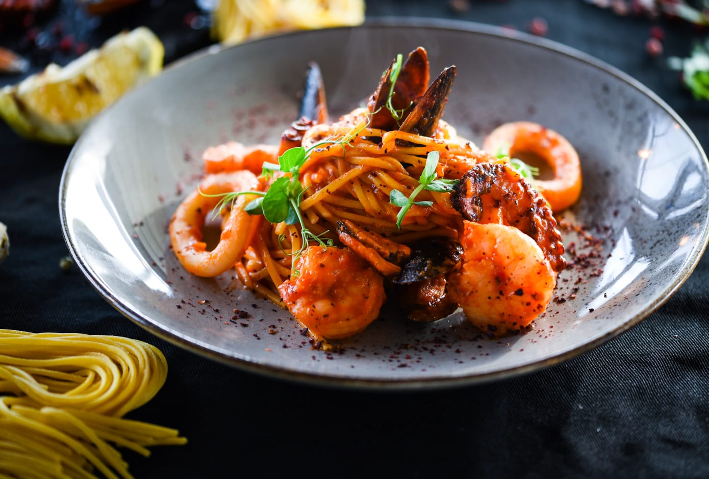 Italian home made pasta with fresh seafood.
