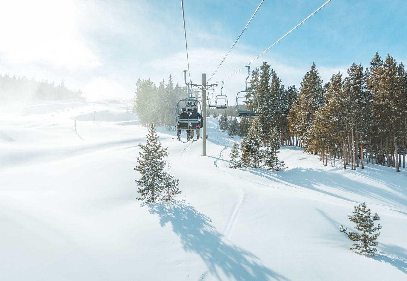 Ski lifts surrounded by snow and pine trees.