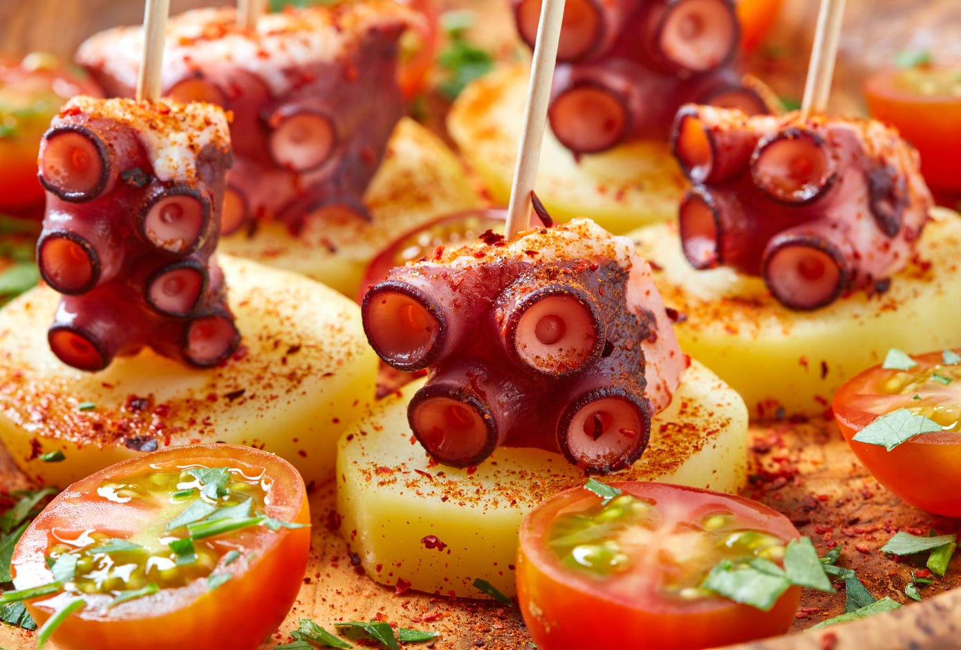 Tapas with octopus and potato.
