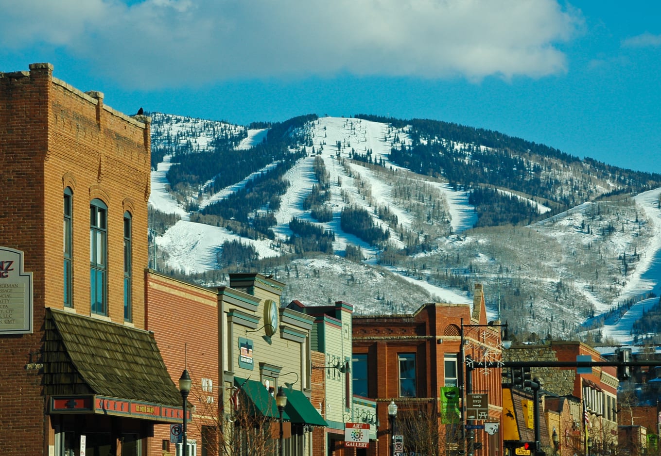 Downtown Steamboat Springs, Colorado, with Mt. Warner ski area in the background.