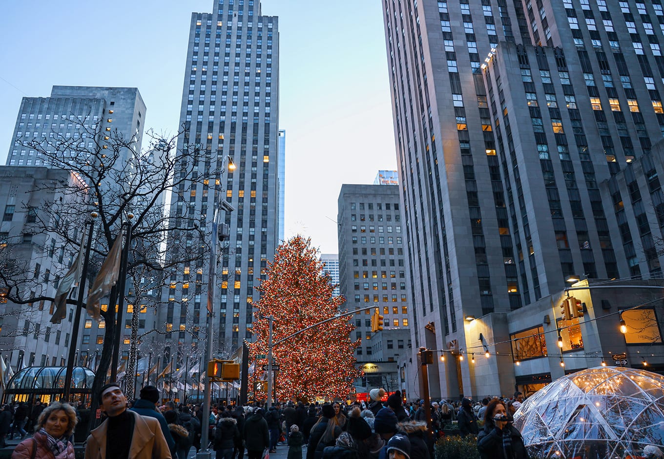 Holiday light and shops at Columbus Circle in Time Warner 