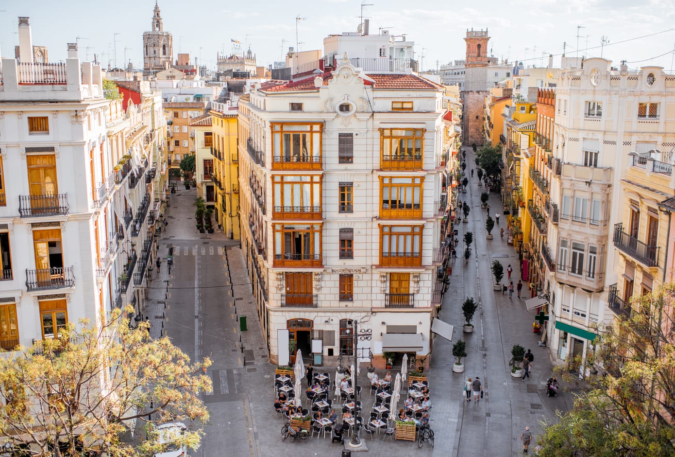 Aerial view from Serranos towers on the old town of Valencia, in Spain