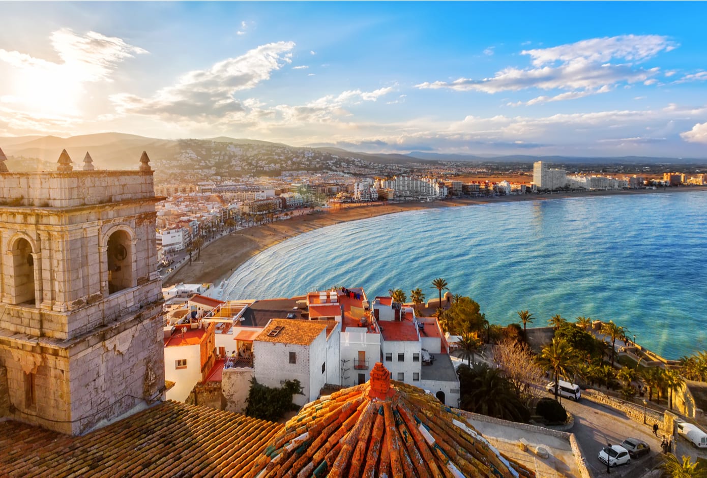 Aerial view of Valencia's coastline dotted with historical buildings, in Spain