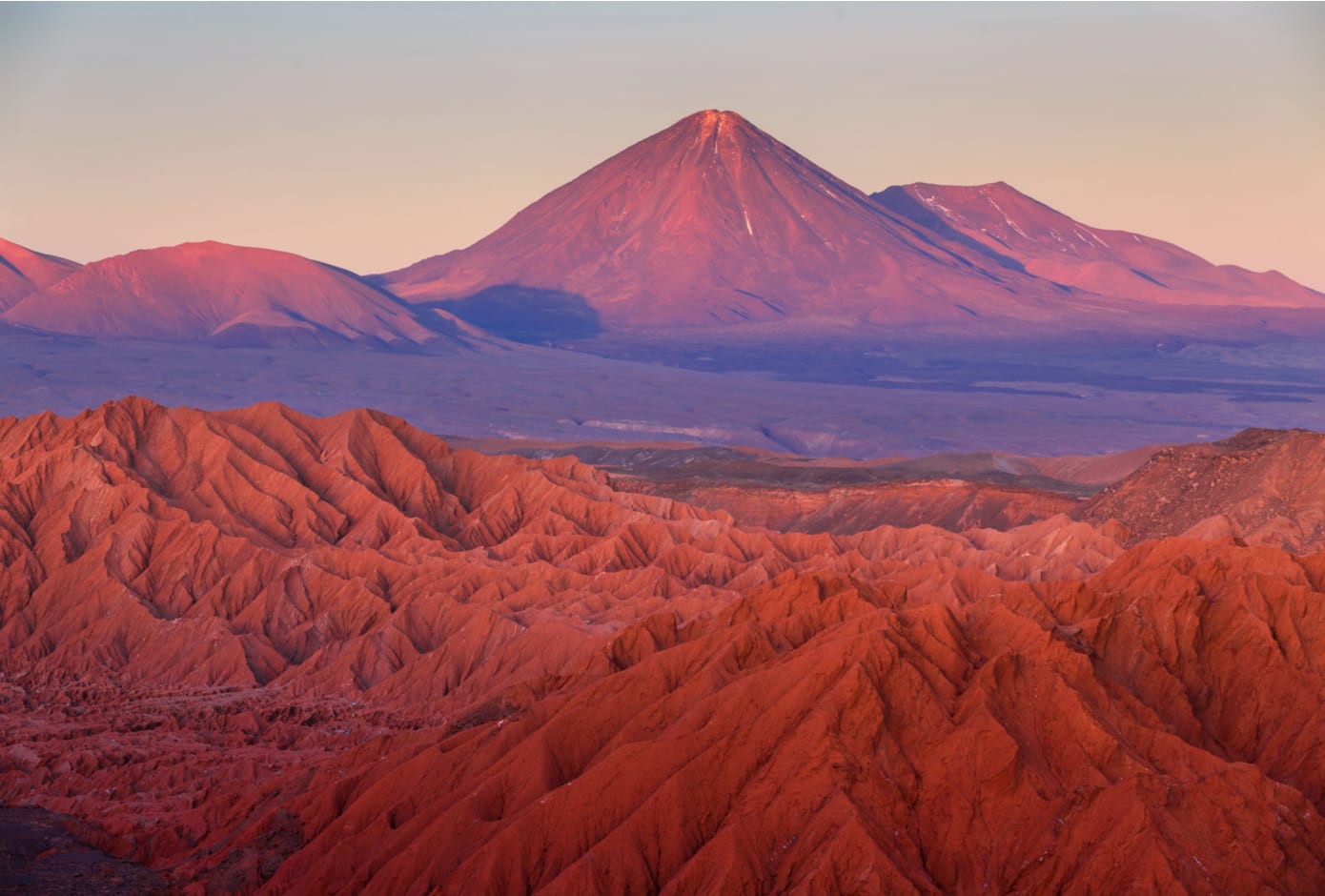 The pink hued rock formations at the Atacama Desert, in Chile.