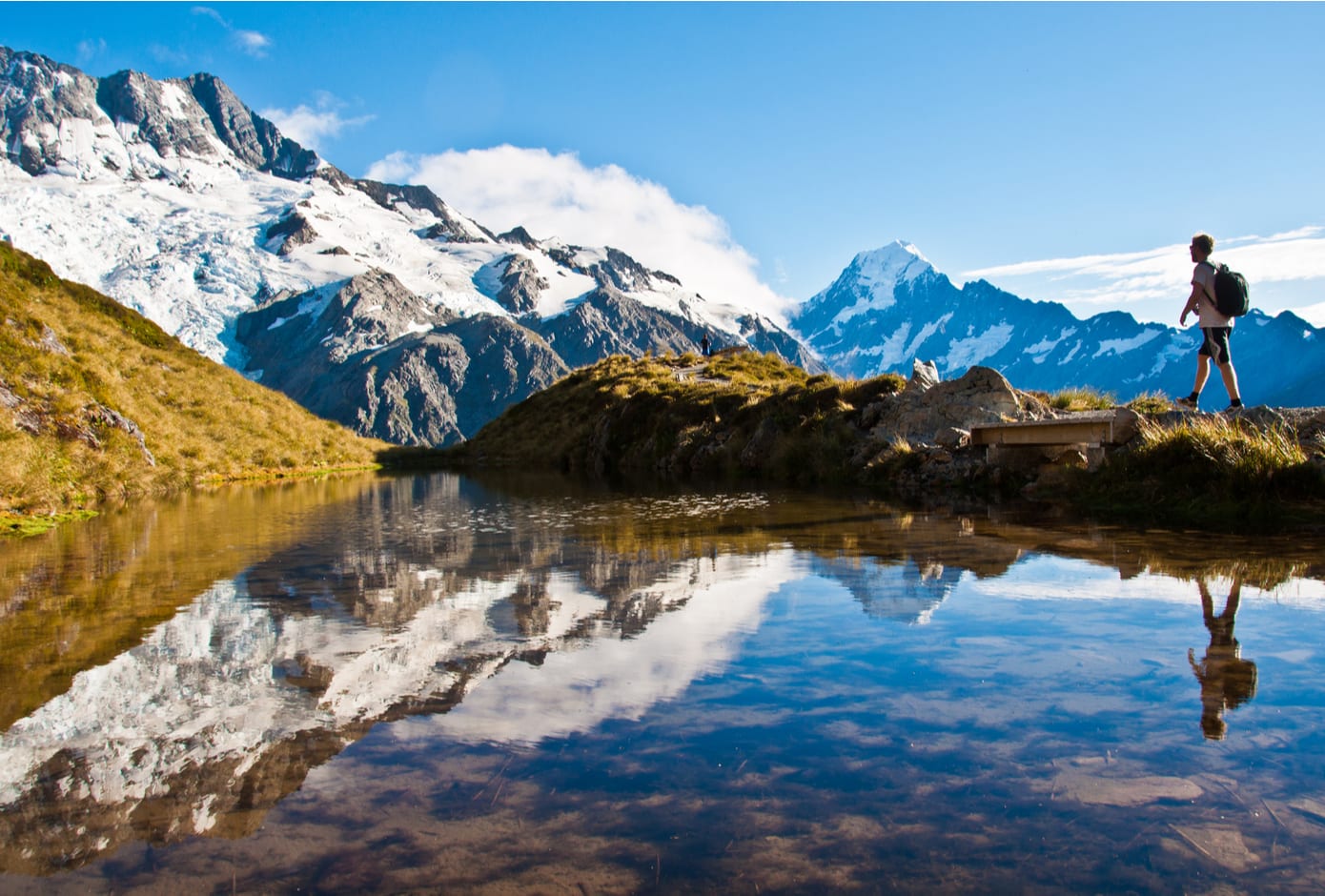 Male traveler walking across Mount Cook, in New Zealand.