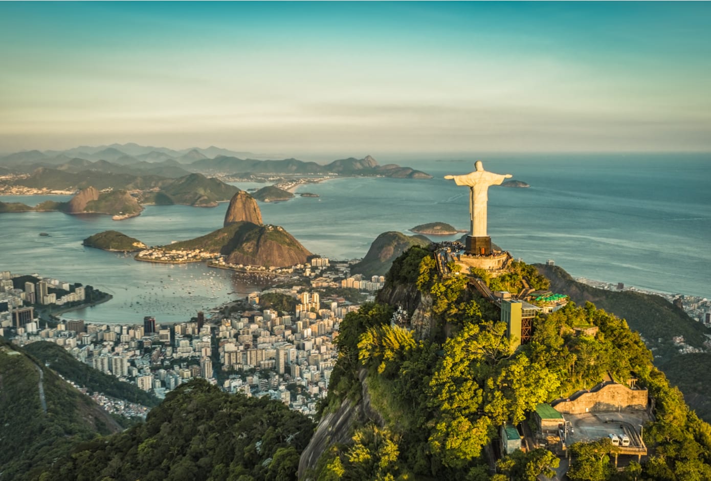 Aerial view of the Christ Redemeer and and theSugar Loaf Mountain, Rio De Janeiro, Brazil