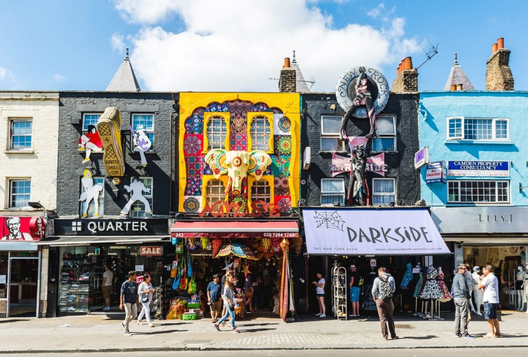 Camden Lock Bridge, famous alternative culture shops in Camden Town, London. 