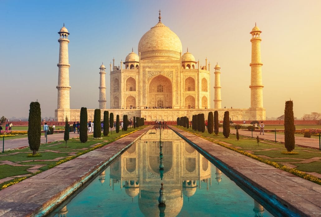 The ivory-marble Taj Mahal at dusk, in Agra, India.