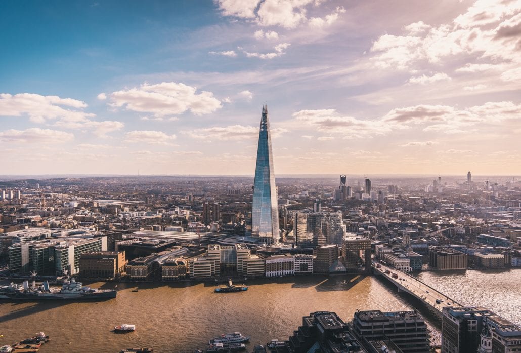 The cutting-edge "The Shard" skyscraper overlooking the River Thames.