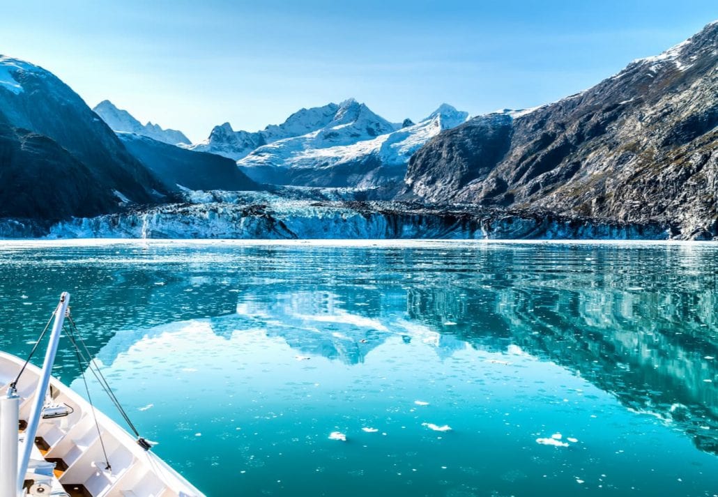 Glacier Bay cruise ship cruises to Glacier Johns Hopkins in Alaska, USA. Panoramic view during the summer.