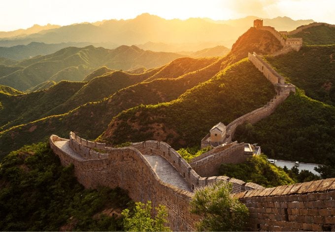 The Great Wall of China at sunset.