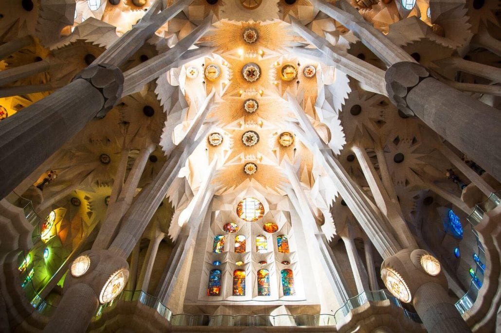 Ceiling of Basilica La Sagrada Familia, Barcelona, Spain.