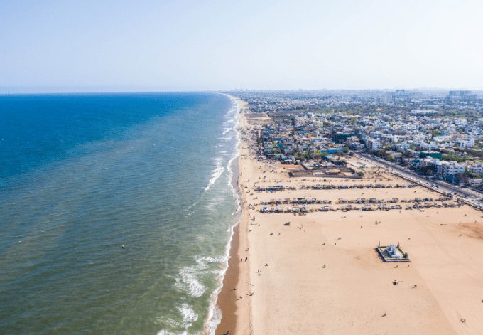 marina-beach-chennai-best-beaches-in-india (wecompress.com) | CuddlyNest Travel Blog Drone Aerial view of a beach in Chennai
