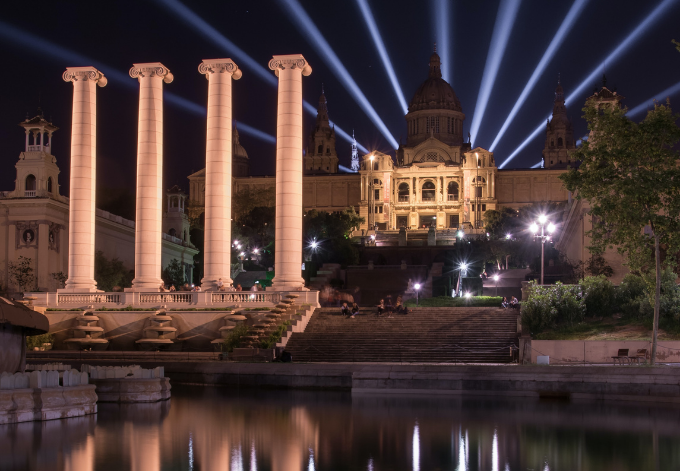 Montjuïc Castle in Barcelona, Spain, at night.