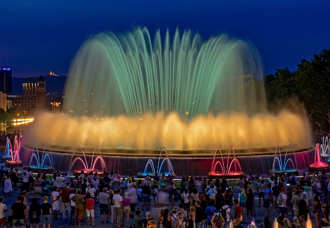 The Montjuïc Fountain Show at night, in Barcelona, Spain.