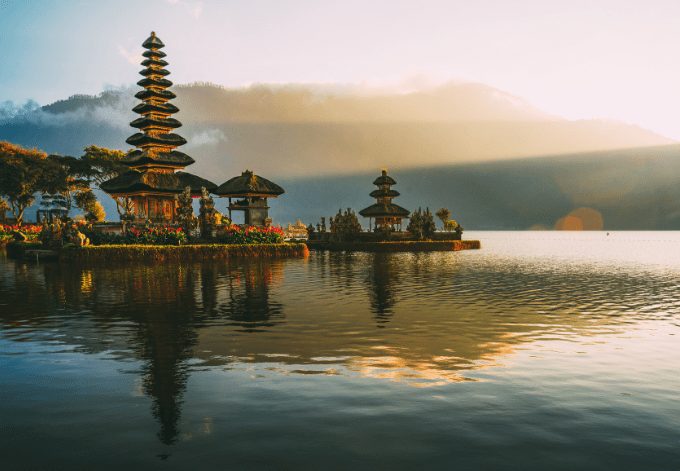 Panorama of Pura Ulun Danu temple at sunrise on a lake Bratan, Bali, Indonesia.