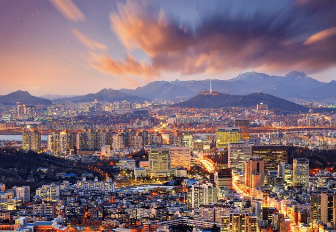 Seoul bright skyline at dusk, in South Korea.