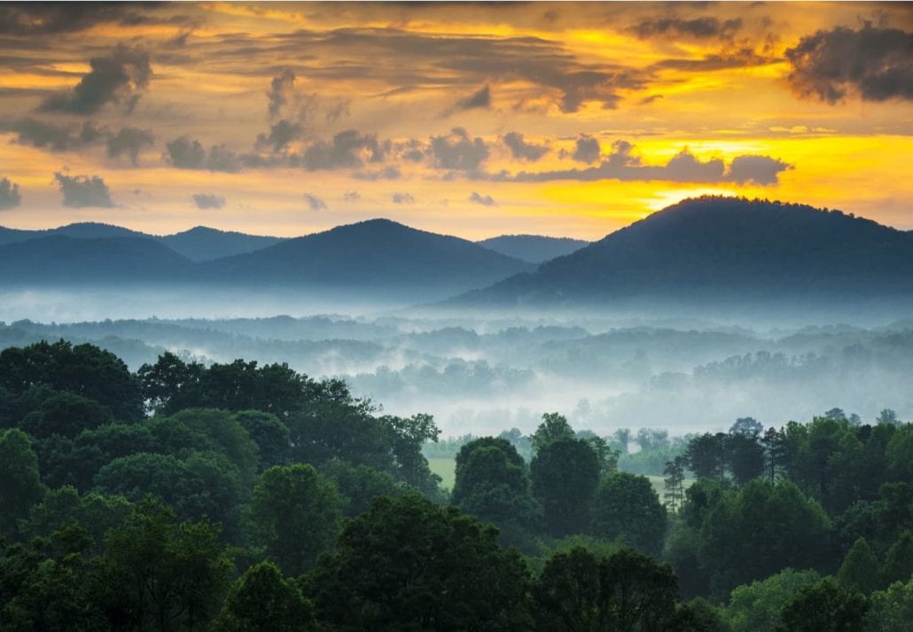 Asheville NC Blue Ridge Mountains Sunset and Fog Landscape Photography near the Blue Ridge Parkway in Western North Carolina.