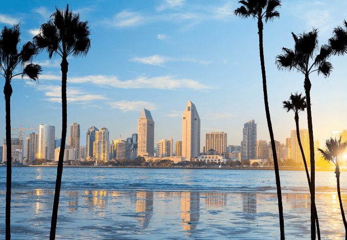 Downtown San Diego skyline in California, USA at sunset